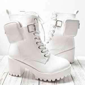 New Women White Pouch Lace Up Platform Combat Military Ankle Boots Booties